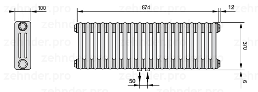 Схема (чертеж) Радиатор Zehnder Charleston 3037/19 №5410 Белый глянцевый RAL 9016